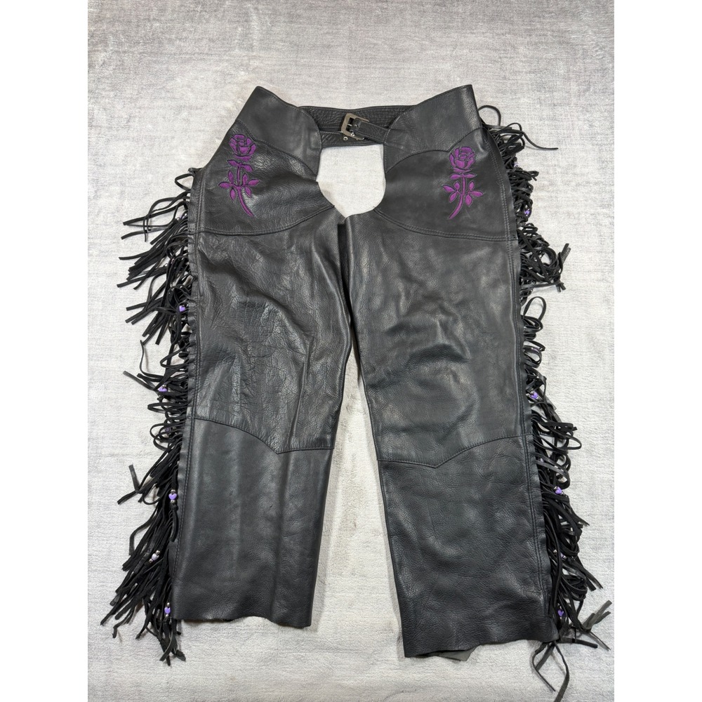 TRD Leathers Chaps Women 2XL Black Rose Y2K Motorcycle Fringe Beaded Biker